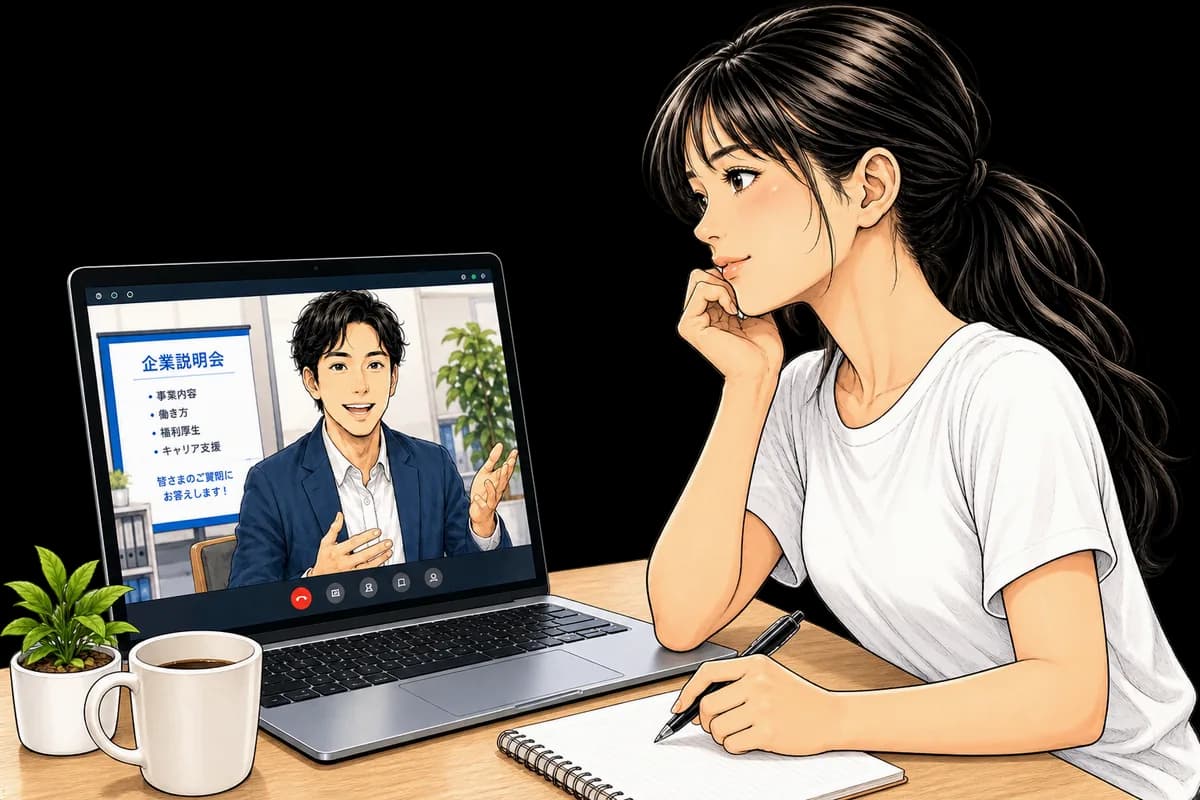 オンラインの企業説明会を自宅のパソコンで聞いている看護師